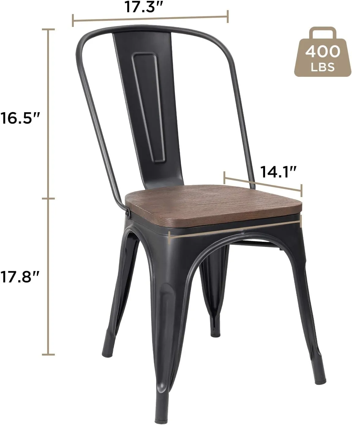 JUMMICO Metal Dining Chair Stackable Industrial Vintage Kitchen Chairs Indoor-Outdoor Bistro Cafe Side Chairs with Back and Wooden Seat Set of 4 (Black)