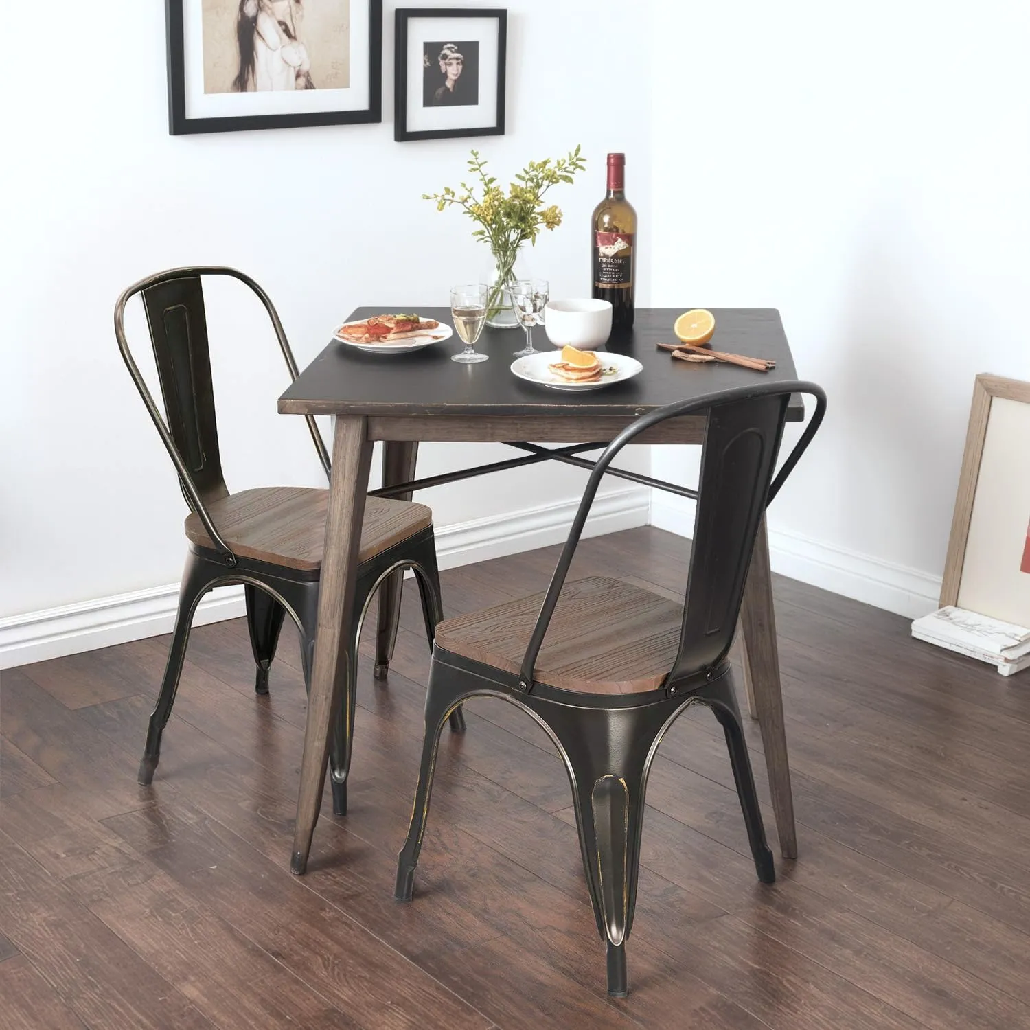 JUMMICO Metal Dining Chair Stackable Industrial Vintage Kitchen Chairs Indoor-Outdoor Bistro Cafe Side Chairs with Back and Wooden Seat Set of 4 (Gold Black)