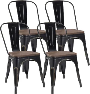 JUMMICO Metal Dining Chair Stackable Industrial Vintage Kitchen Chairs Indoor-Outdoor Bistro Cafe Side Chairs with Back and Wooden Seat Set of 4 (Gold Black)