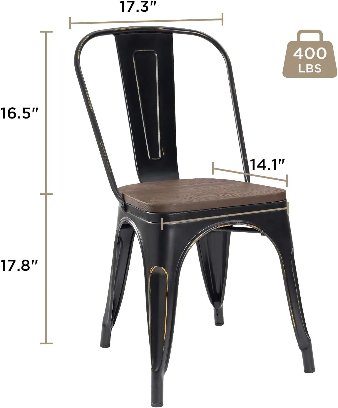 JUMMICO Metal Dining Chair Stackable Industrial Vintage Kitchen Chairs Indoor-Outdoor Bistro Cafe Side Chairs with Back and Wooden Seat Set of 4 (Gold Black)