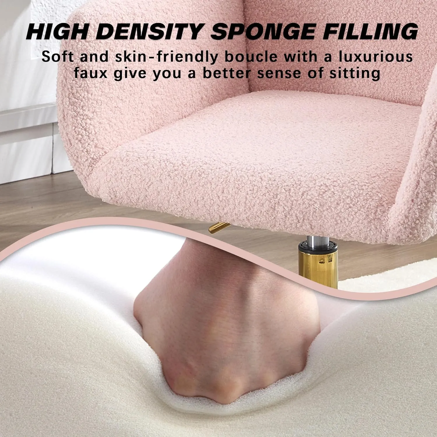 KCC Faux Fur Vanity Makeup Desk Chair, Comfy Fluffy Swivel Modern Leisure Armchair with Wheels, Upholstered Fuzzy Height Adjustable for Teens Women Girls Elegant Home Office, Pink