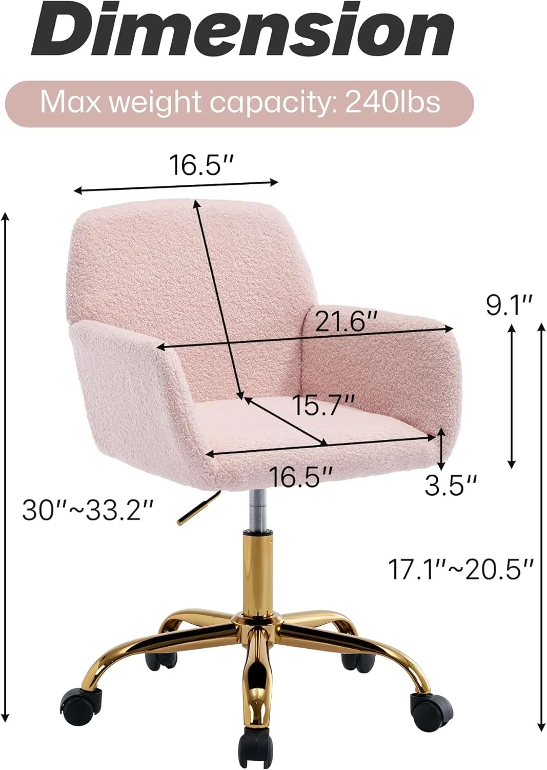 KCC Faux Fur Vanity Makeup Desk Chair, Comfy Fluffy Swivel Modern Leisure Armchair with Wheels, Upholstered Fuzzy Height Adjustable for Teens Women Girls Elegant Home Office, Pink