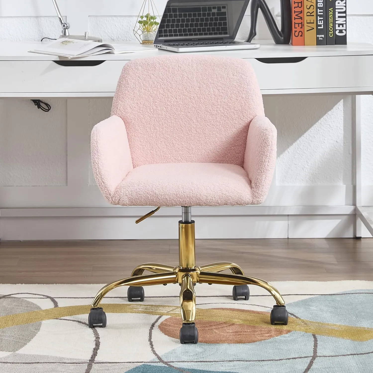 KCC Faux Fur Vanity Makeup Desk Chair, Comfy Fluffy Swivel Modern Leisure Armchair with Wheels, Upholstered Fuzzy Height Adjustable for Teens Women Girls Elegant Home Office, Pink