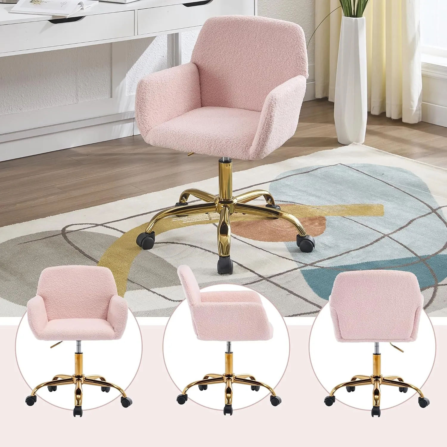KCC Faux Fur Vanity Makeup Desk Chair, Comfy Fluffy Swivel Modern Leisure Armchair with Wheels, Upholstered Fuzzy Height Adjustable for Teens Women Girls Elegant Home Office, Pink