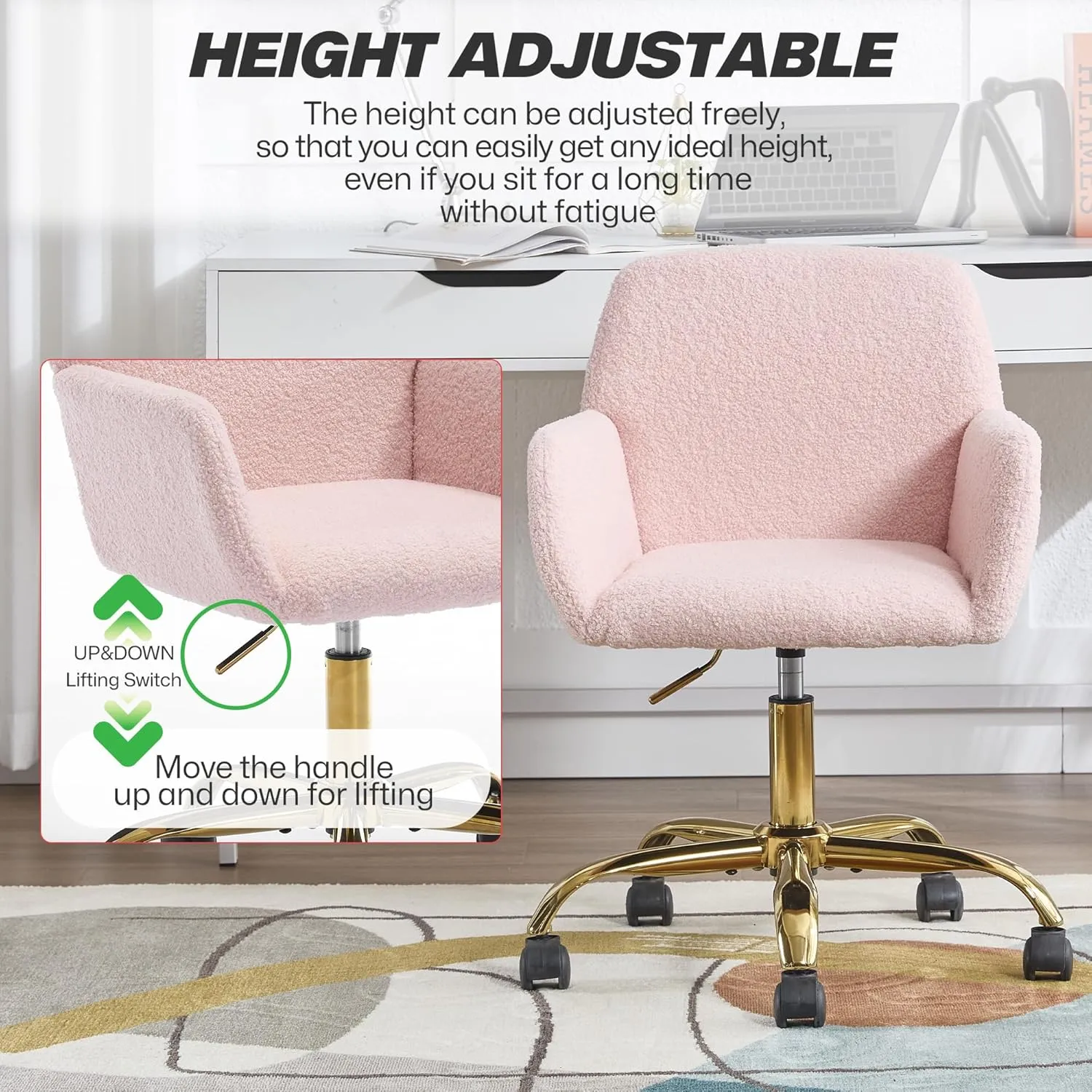 KCC Faux Fur Vanity Makeup Desk Chair, Comfy Fluffy Swivel Modern Leisure Armchair with Wheels, Upholstered Fuzzy Height Adjustable for Teens Women Girls Elegant Home Office, Pink
