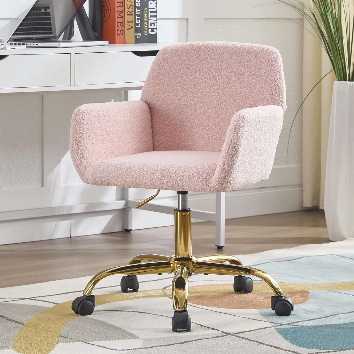 KCC Faux Fur Vanity Makeup Desk Chair, Comfy Fluffy Swivel Modern Leisure Armchair with Wheels, Upholstered Fuzzy Height Adjustable for Teens Women Girls Elegant Home Office, Pink
