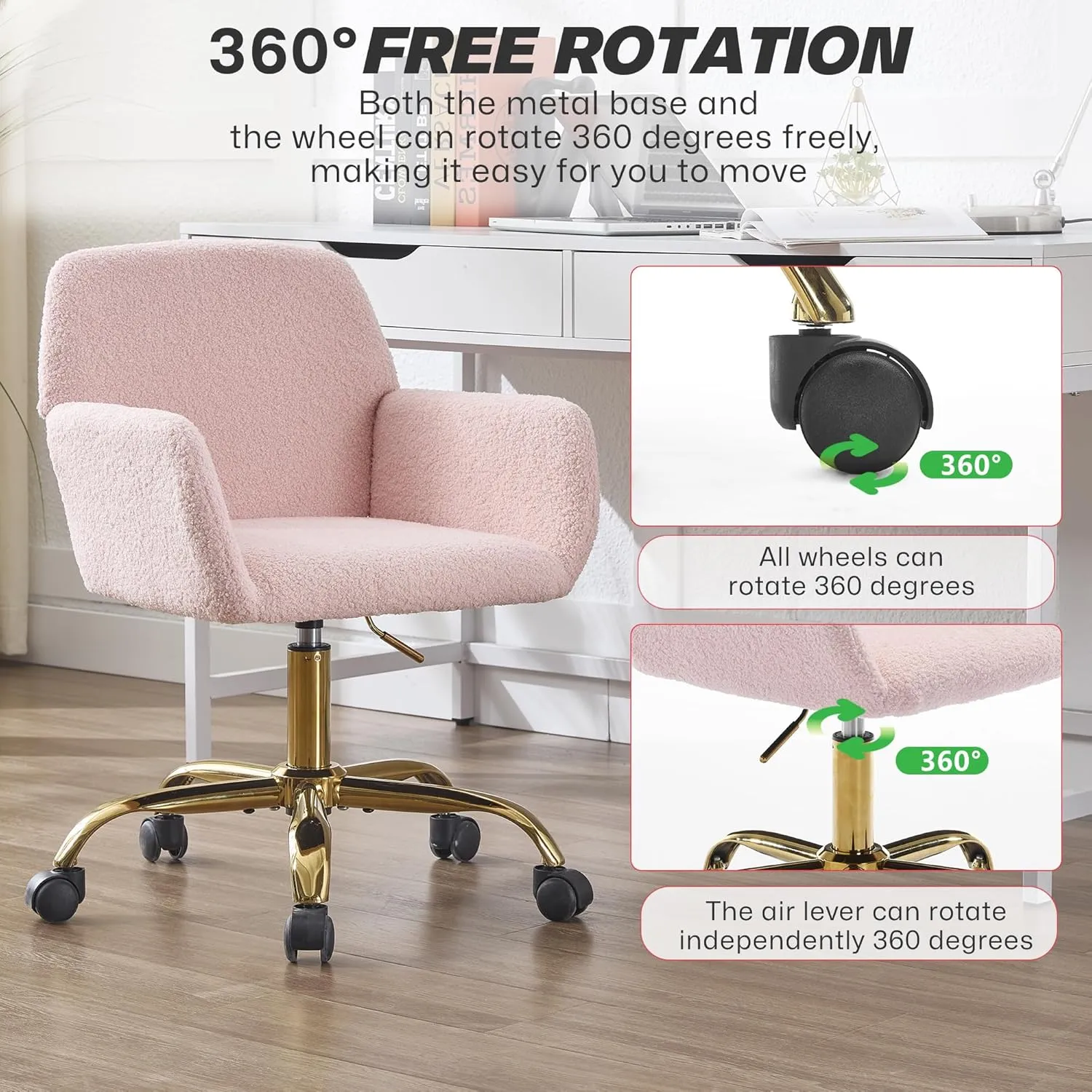 KCC Faux Fur Vanity Makeup Desk Chair, Comfy Fluffy Swivel Modern Leisure Armchair with Wheels, Upholstered Fuzzy Height Adjustable for Teens Women Girls Elegant Home Office, Pink