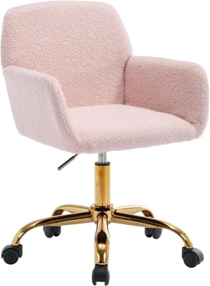 KCC Faux Fur Vanity Makeup Desk Chair, Comfy Fluffy Swivel Modern Leisure Armchair with Wheels, Upholstered Fuzzy Height Adjustable for Teens Women Girls Elegant Home Office, Pink