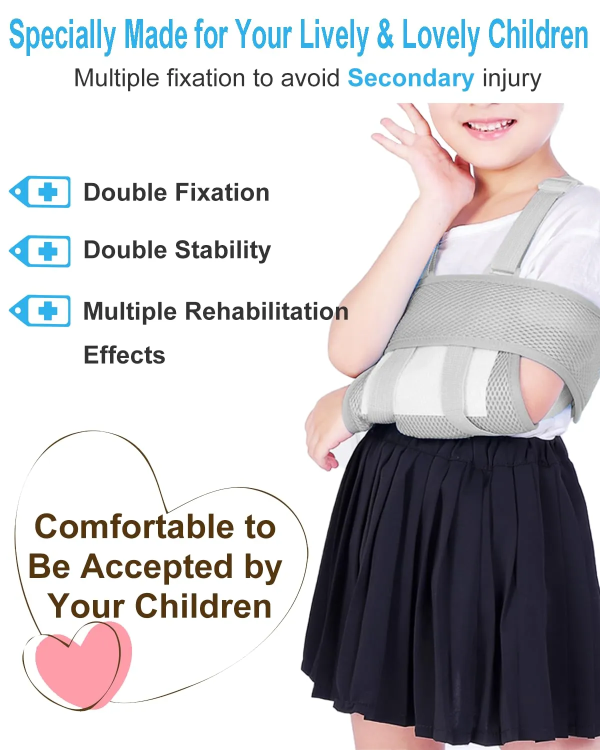Kids Arm Sling, Breathable, Cool, Soft & Comfort, Adjustable, Toddler Children Pediatric Rotator Cuff, Elbow Support for Broken, Fractured Arm & Shoulder Injury, Medical Immobilizer Band(Grey)