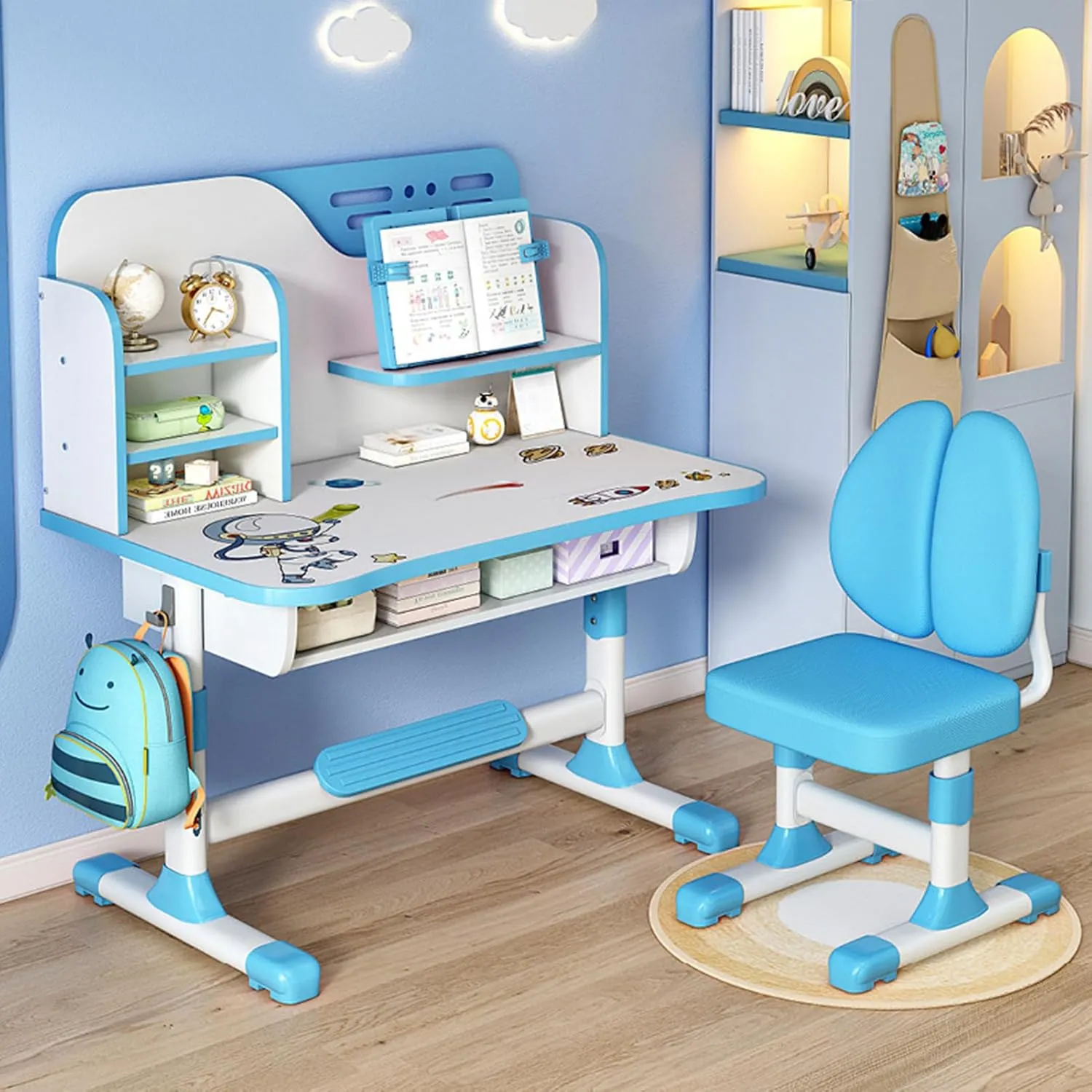 Kids Desk and Chair Set, Height Adjustable Astronaut Pattern Children School Desk with Shelf & Large Drawers, Kids Writing Study Table for Boys Girls 3  (Blue)