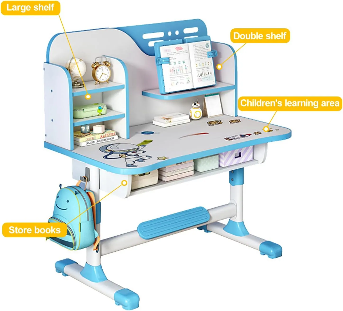 Kids Desk and Chair Set, Height Adjustable Astronaut Pattern Children School Desk with Shelf & Large Drawers, Kids Writing Study Table for Boys Girls 3  (Blue)