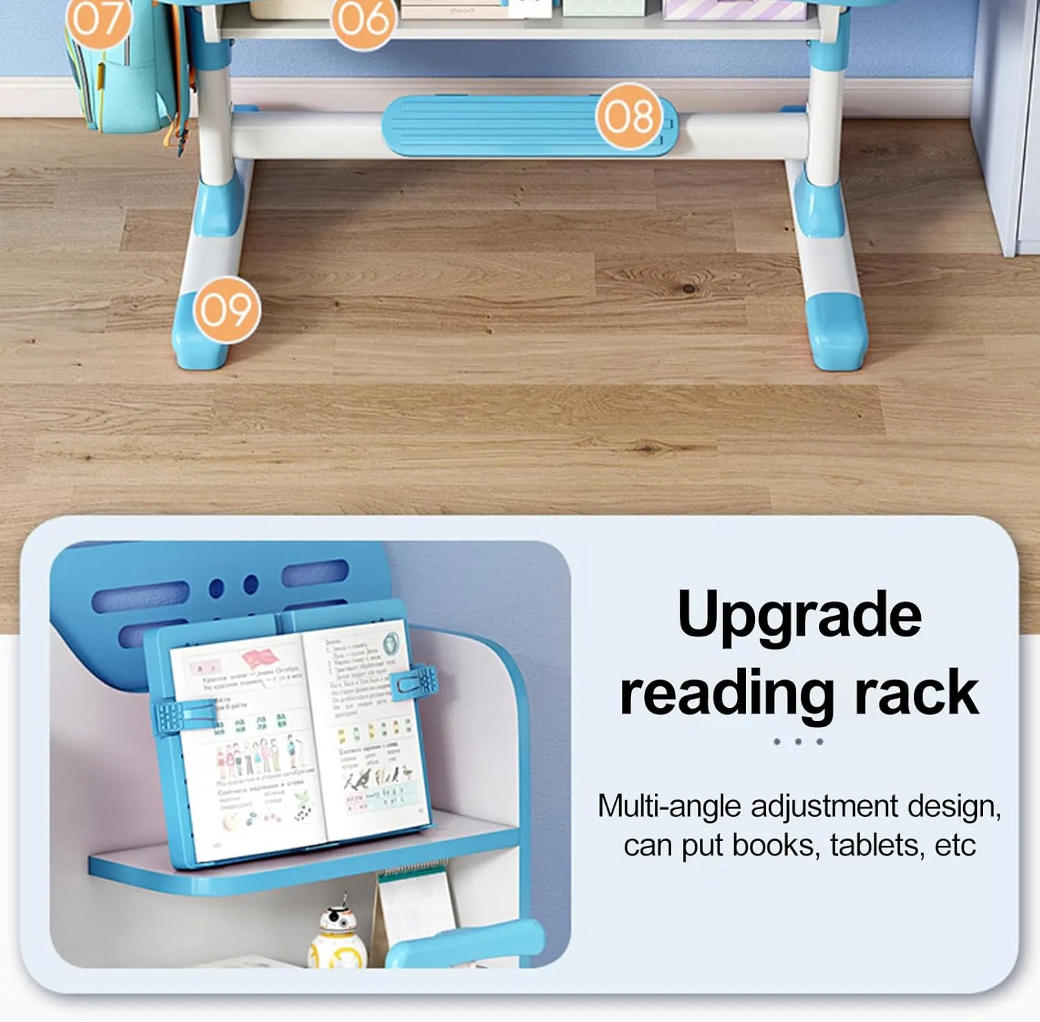 Kids Desk and Chair Set, Height Adjustable Astronaut Pattern Children School Desk with Shelf & Large Drawers, Kids Writing Study Table for Boys Girls 3  (Blue)