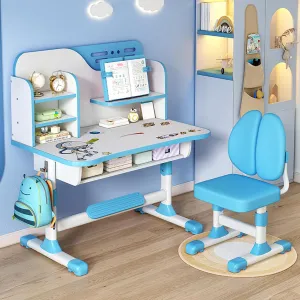 Kids Desk and Chair Set, Height Adjustable Astronaut Pattern Children School Desk with Shelf & Large Drawers, Kids Writing Study Table for Boys Girls 3  (Blue)