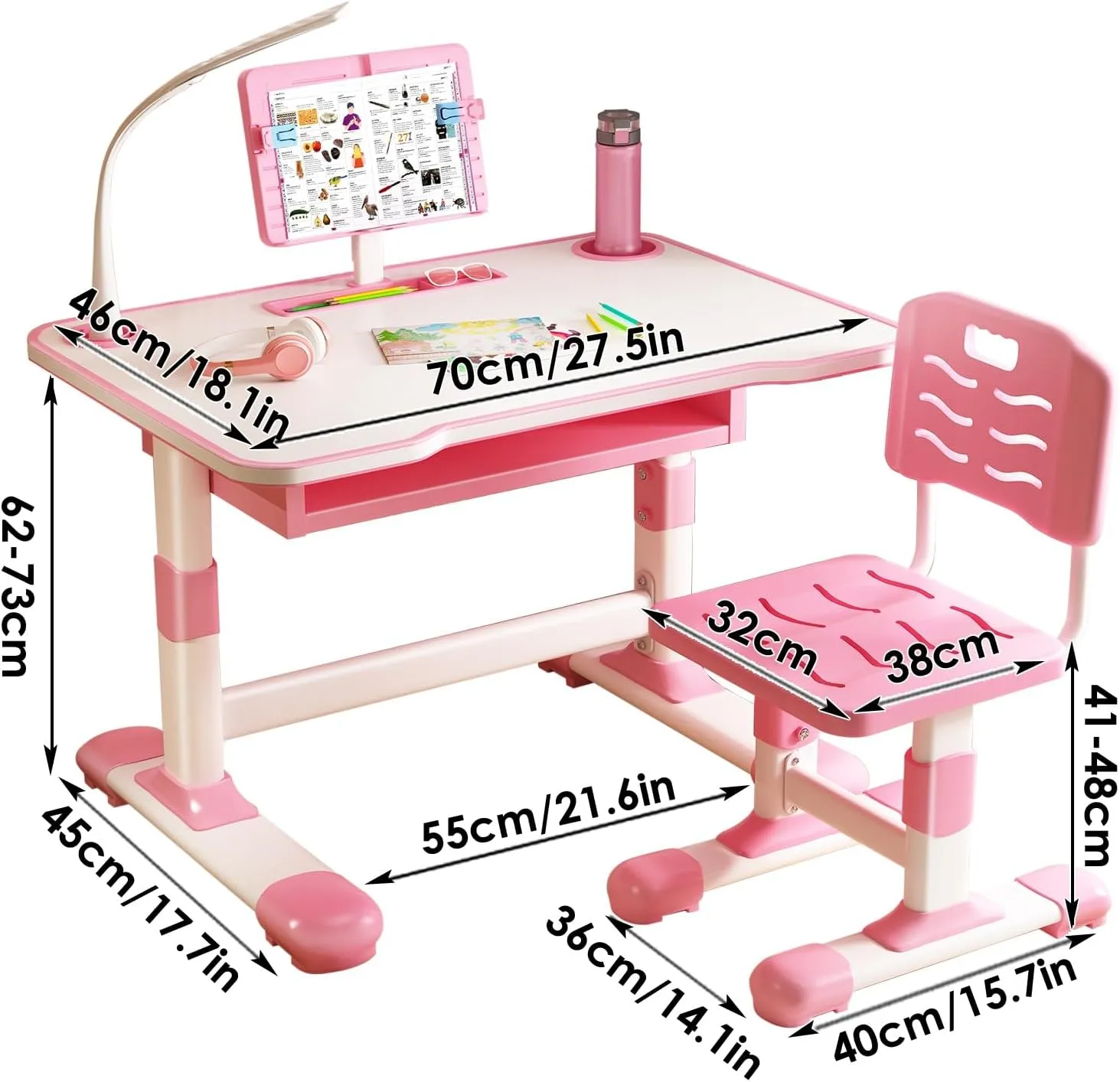 Kids Desk and Chair Set, Height Adjustable Student Study Desk with Extra Large Drawer,Tiltable Desktop Toddlers Writing Table, Children Learning Table with Large Drawer for Boys & Girls Pink