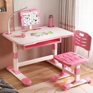 Kids Desk and Chair Set, Height Adjustable Student Study Desk with Extra Large Drawer,Tiltable Desktop Toddlers Writing Table, Children Learning Table with Large Drawer for Boys & Girls Pink