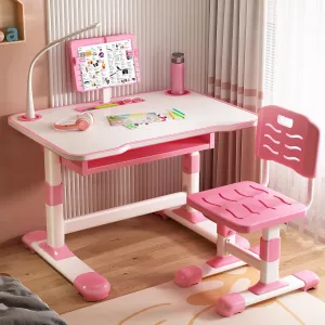 Kids Study Table and Chair Set, Height Adjustable Kids Study Desk with Cartoon Pattern, Widened Tabletop, Tiltable Reading Stand, Back Support & Spine Protect, Prevent Myopia, for Boys & Girls (pink3)