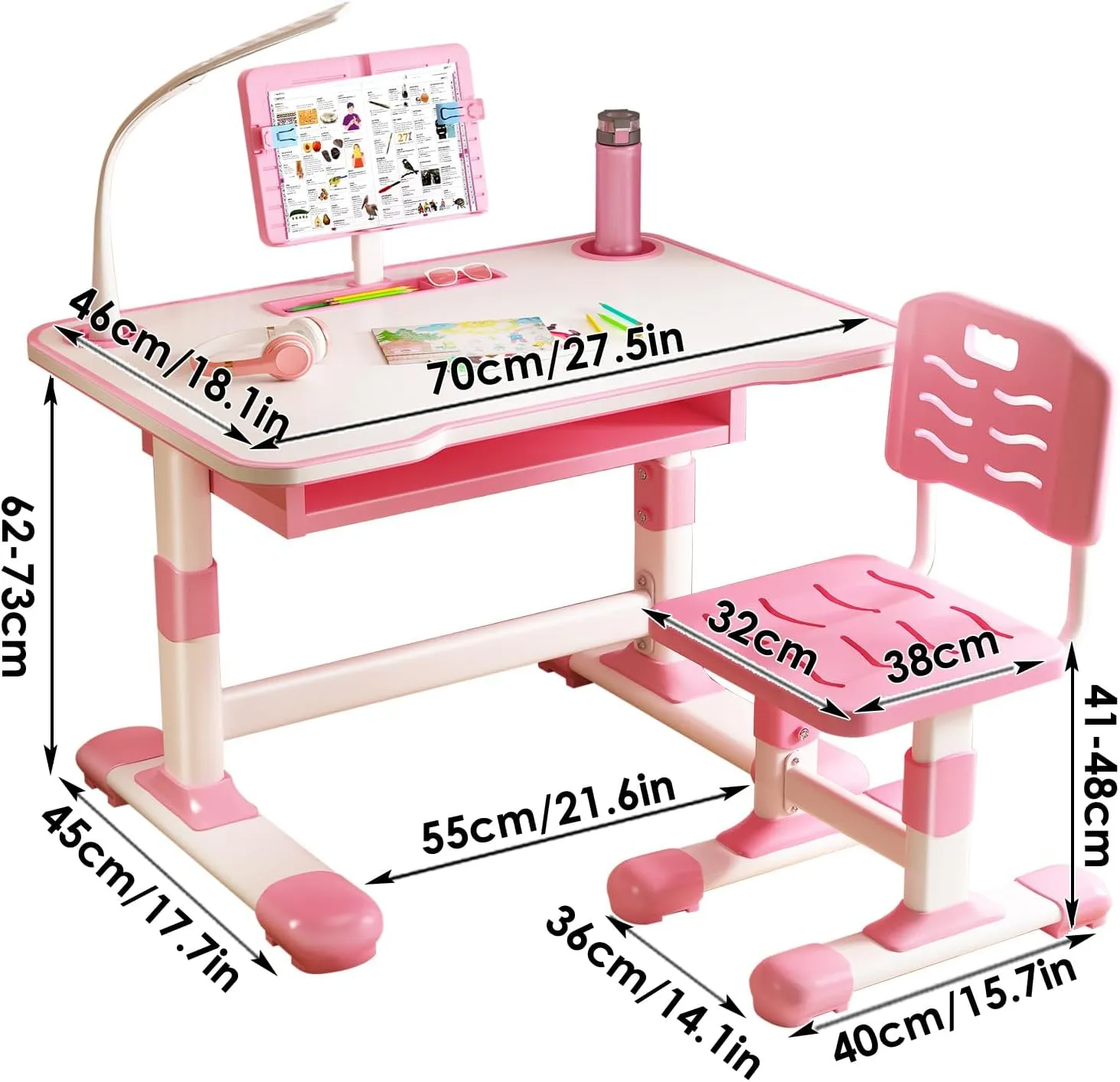 Kids Study Table and Chair Set, Height Adjustable Kids Study Desk with Cartoon Pattern, Widened Tabletop, Tiltable Reading Stand, Back Support & Spine Protect, Prevent Myopia, for Boys & Girls (pink3)