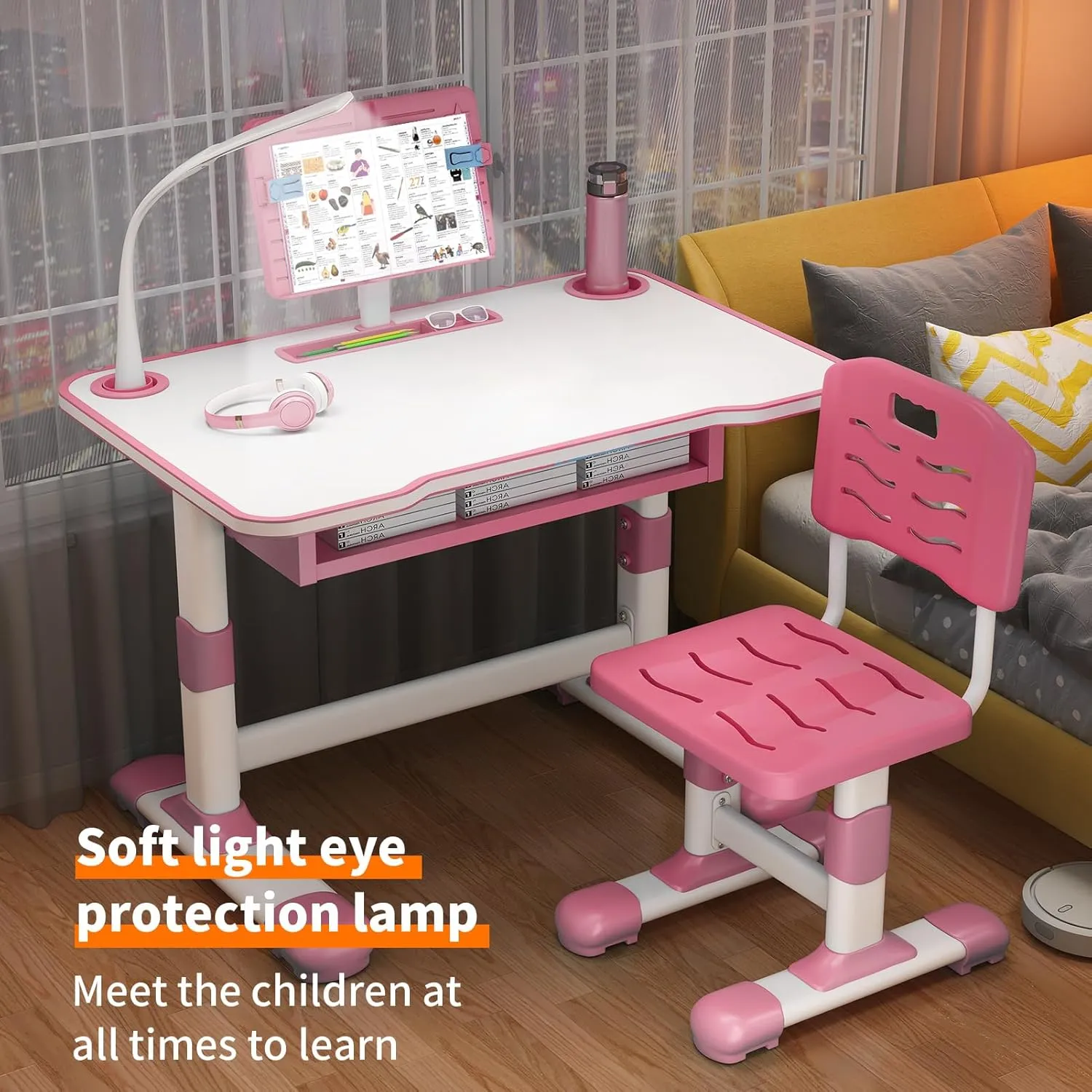 Kids Study Table and Chair Set, Height Adjustable Kids Study Desk with Cartoon Pattern, Widened Tabletop, Tiltable Reading Stand, Back Support & Spine Protect, Prevent Myopia, for Boys & Girls (pink3)