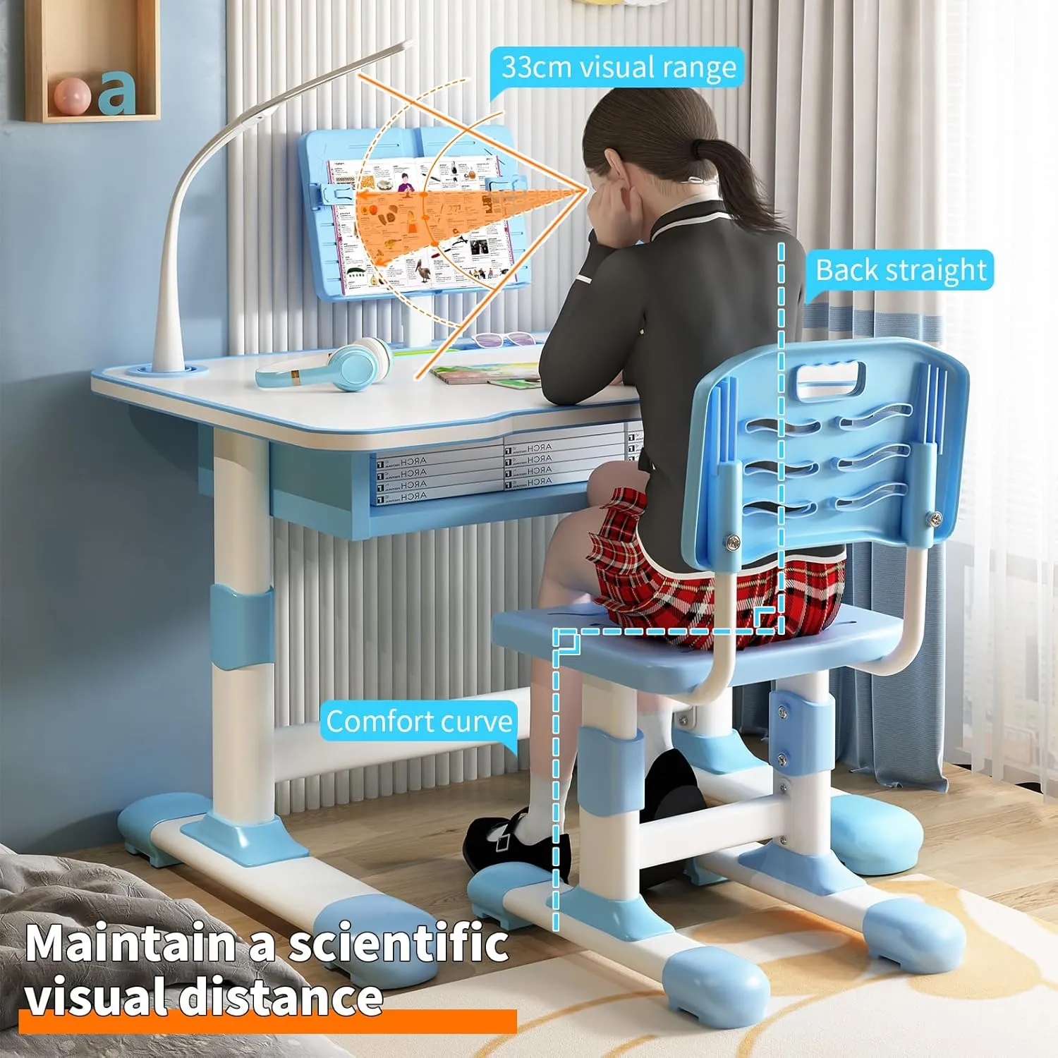 Kids Study Table and Chair Set, Height Adjustable Kids Study Desk with Cartoon Pattern, Widened Tabletop, Tiltable Reading Stand, Back Support & Spine Protect, Prevent Myopia, for Boys & Girls (pink3)