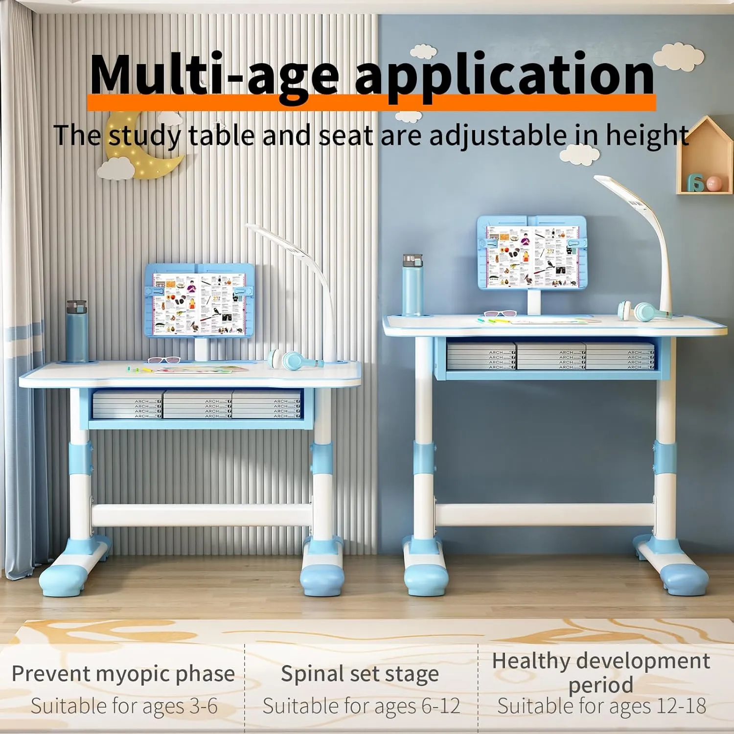 Kids Study Table and Chair Set, Height Adjustable Kids Study Desk with Cartoon Pattern, Widened Tabletop, Tiltable Reading Stand, Back Support & Spine Protect, Prevent Myopia, for Boys & Girls (pink3)
