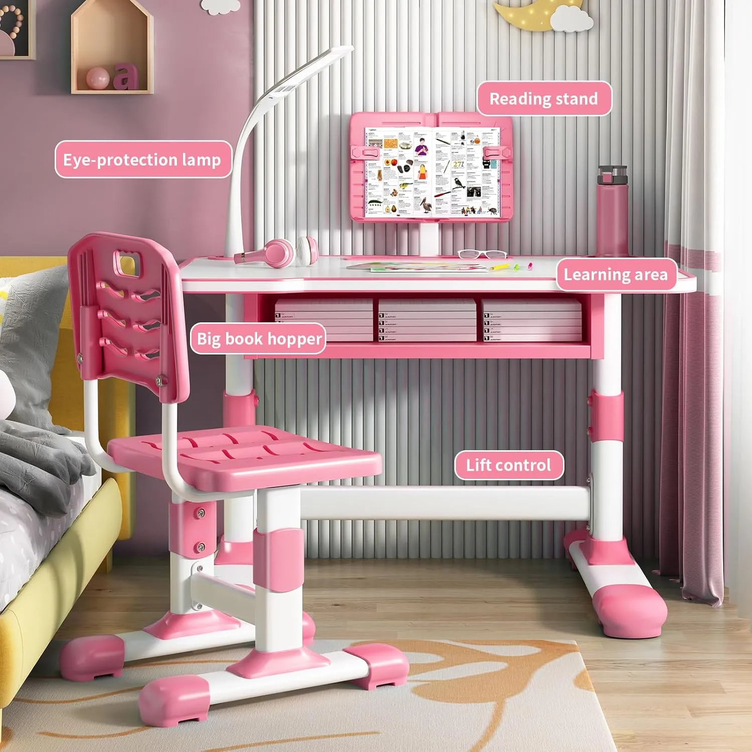 Kids Study Table and Chair Set, Height Adjustable Kids Study Desk with Cartoon Pattern, Widened Tabletop, Tiltable Reading Stand, Back Support & Spine Protect, Prevent Myopia, for Boys & Girls (pink3)