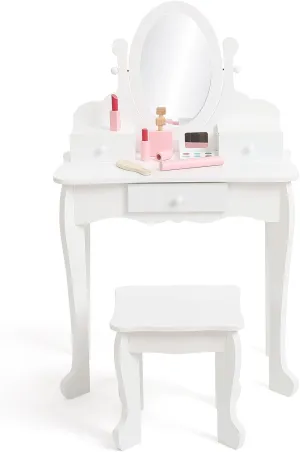 Kids Vanity Set with Mirror & Stool, Wooden Princess Makeup Dressing Table with Drawer and Chair for Girls Ages 4-9, Perfect Pretend Play Vanity for Toddlers, White