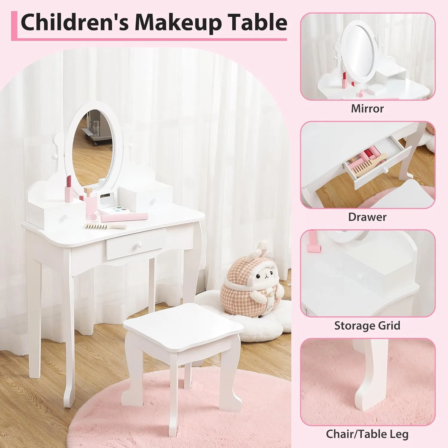 Kids Vanity Set with Mirror & Stool, Wooden Princess Makeup Dressing Table with Drawer and Chair for Girls Ages 4-9, Perfect Pretend Play Vanity for Toddlers, White