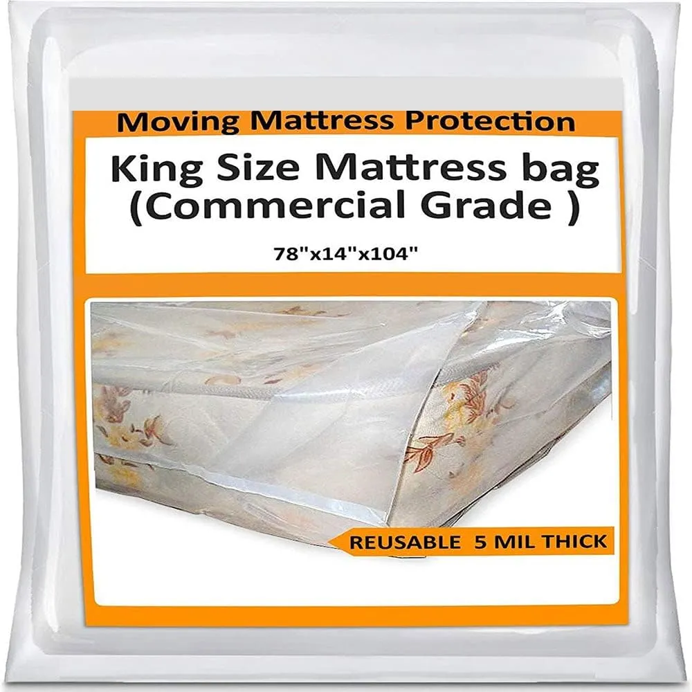 King Mattress Bag Cover for Moving Storage - Plastic Protector 5 Mil Thick Supply -Fits California King and Queen as Well