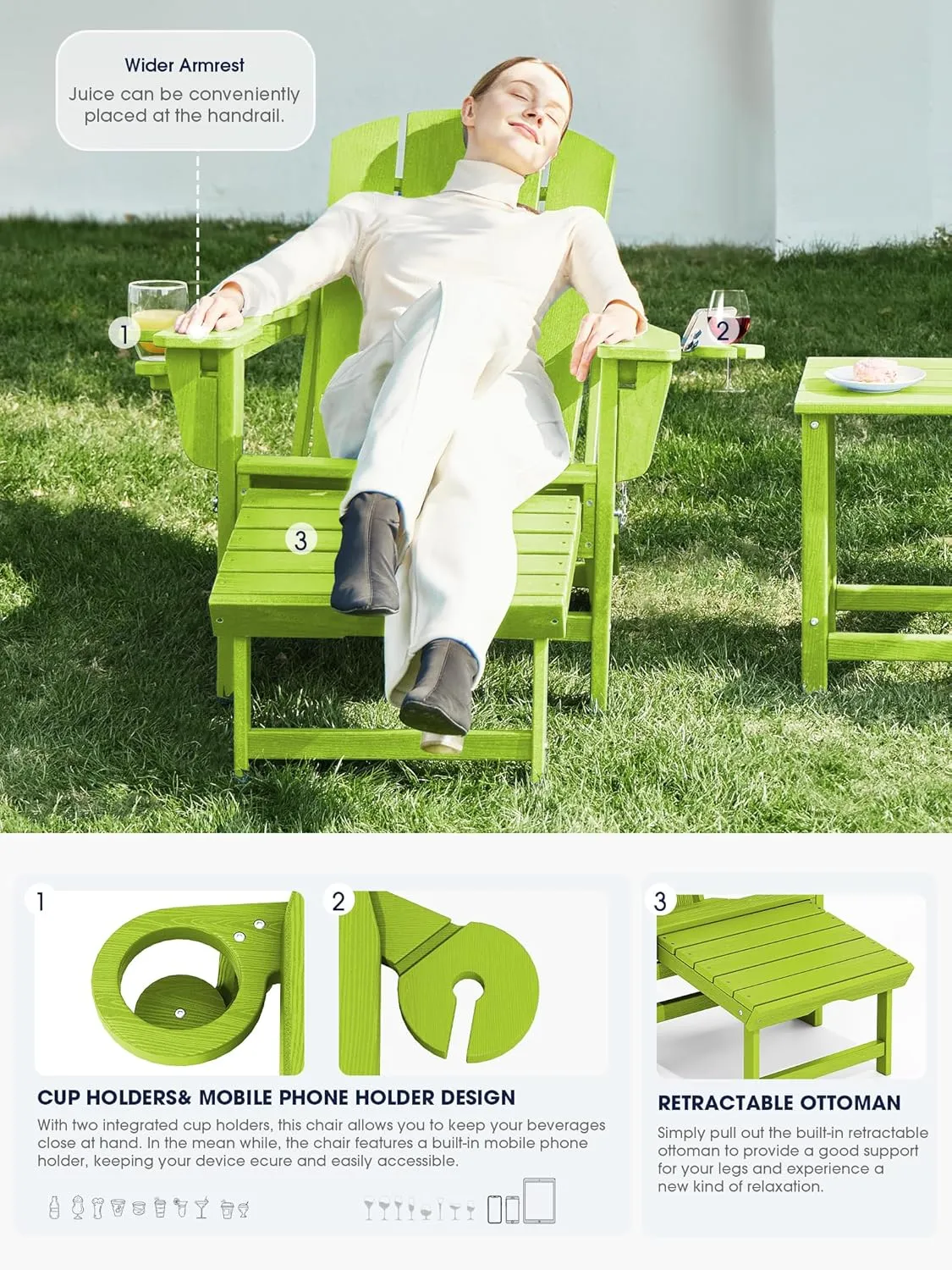 KINGYES Folding Adjustable Adirondack Chair with Ottoman, Apple