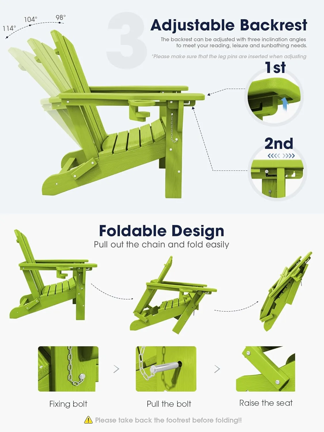 KINGYES Folding Adjustable Adirondack Chair with Ottoman, Apple