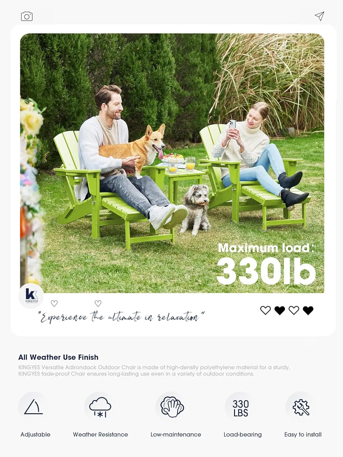KINGYES Folding Adjustable Adirondack Chair with Ottoman, Apple