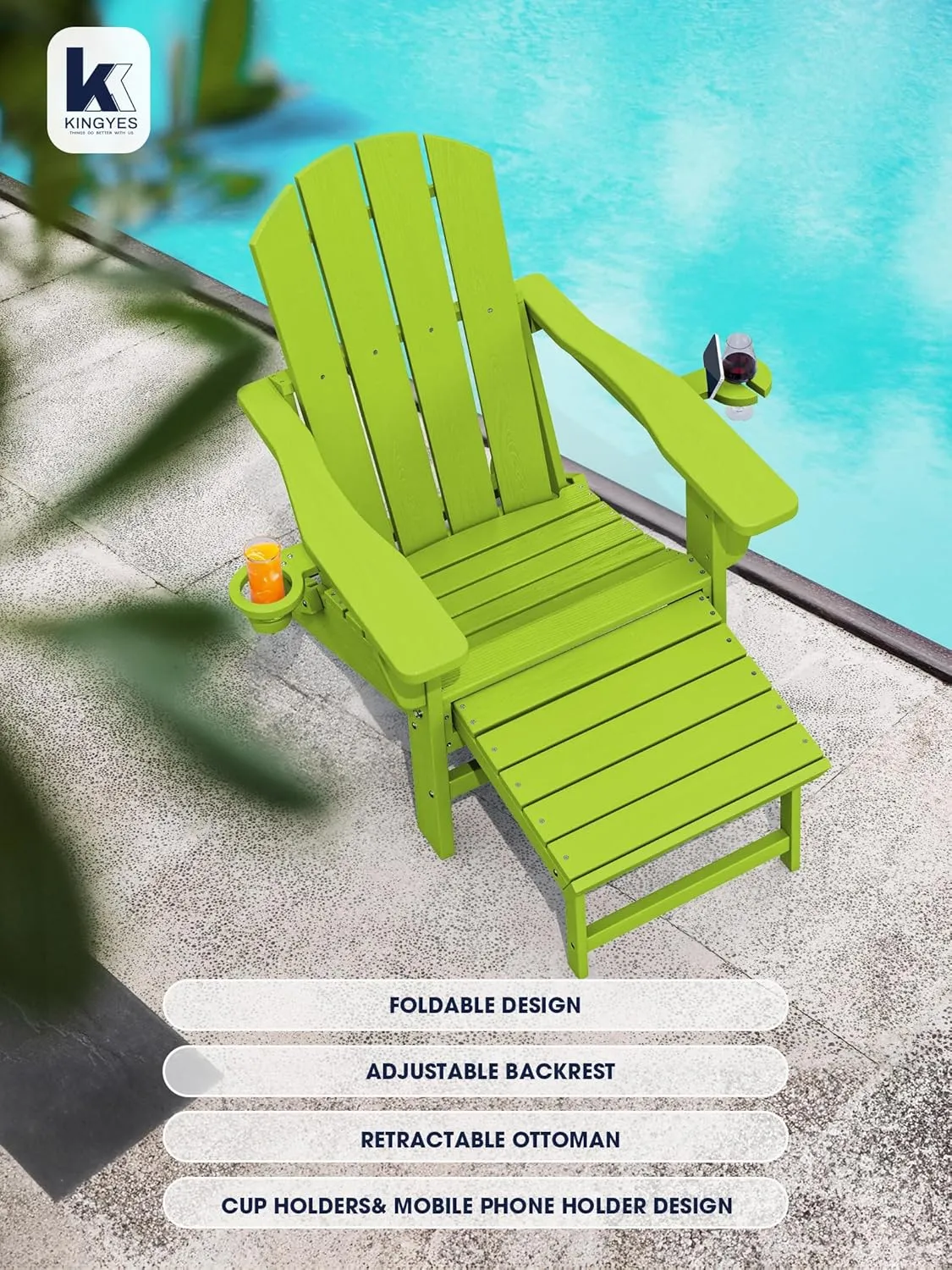 KINGYES Folding Adjustable Adirondack Chair with Ottoman, Apple