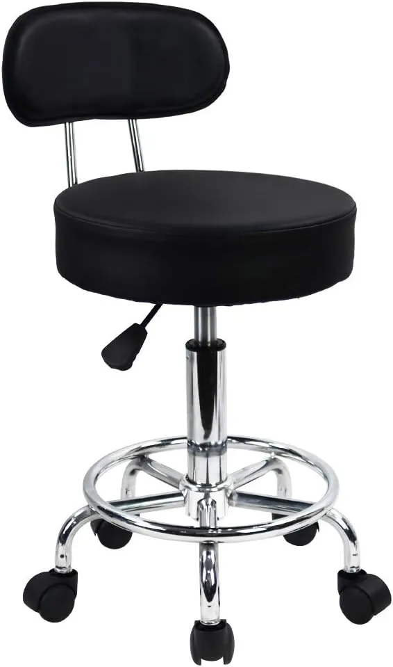 KKTONER PU Leather Rolling Stool Mid-Back with Footrest Height Adjustable Office Computer Home Drafting Swivel Task Chair with Wheels (Black)