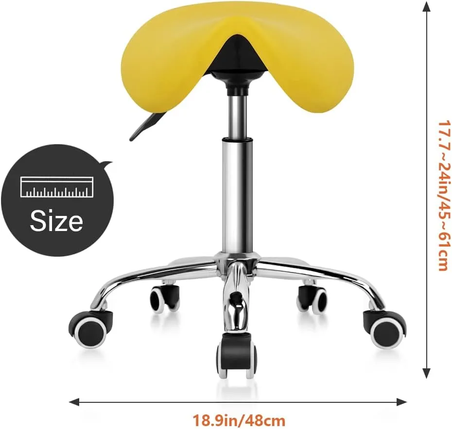 KKTONER Rolling Saddle Stool PU Leather Swivel Adjustable Rolling Stool with Wheels Salon Chair (Yellow)
