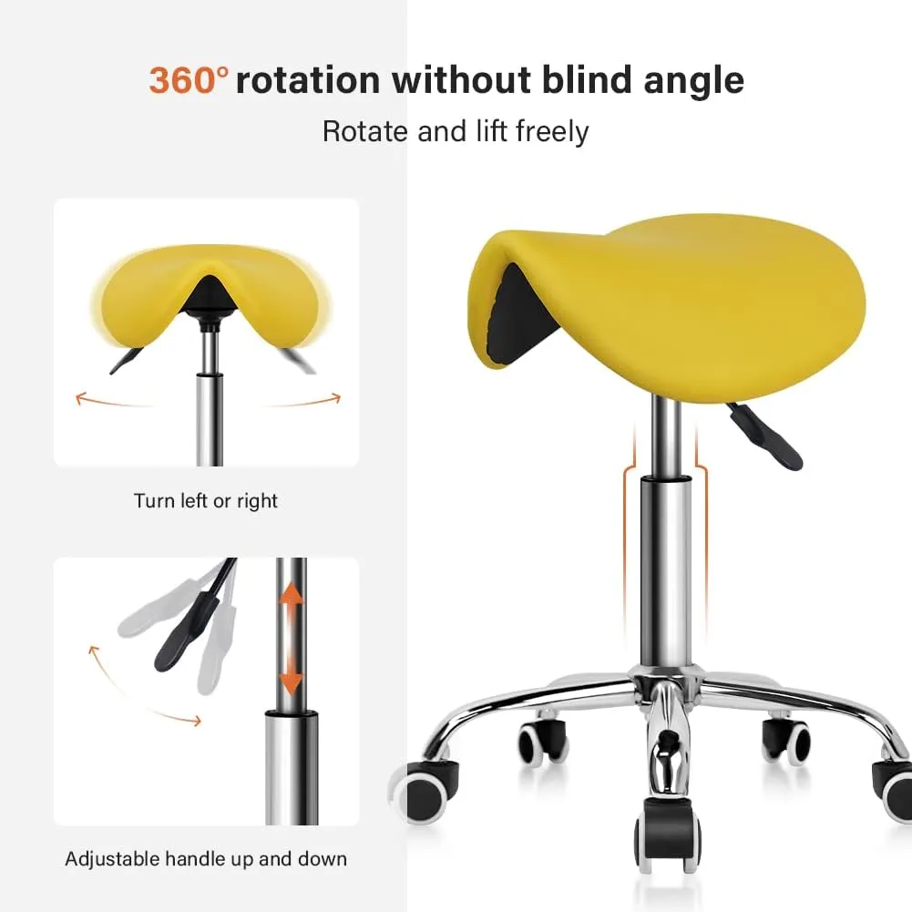 KKTONER Rolling Saddle Stool PU Leather Swivel Adjustable Rolling Stool with Wheels Salon Chair (Yellow)