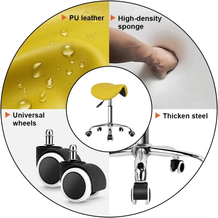 KKTONER Rolling Saddle Stool PU Leather Swivel Adjustable Rolling Stool with Wheels Salon Chair (Yellow)