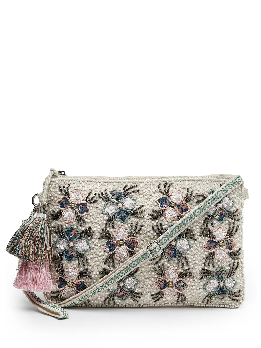Kooky Floral Embellished Handloom Cotton Canvas Sling Bag