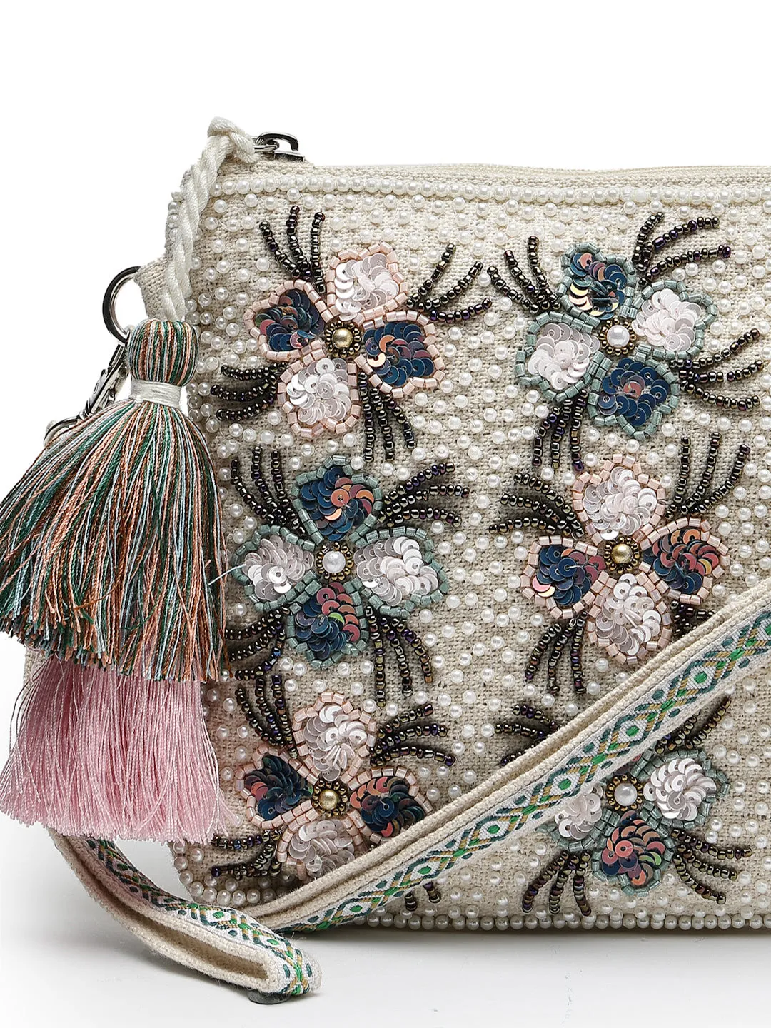 Kooky Floral Embellished Handloom Cotton Canvas Sling Bag