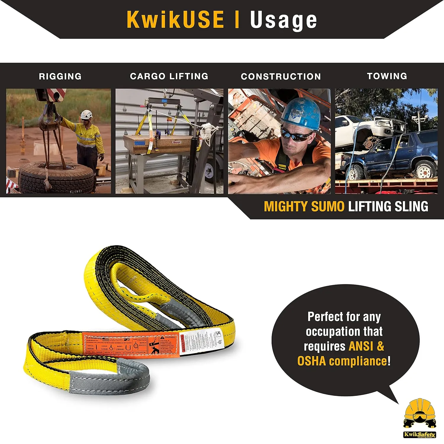 KwikSafety - Charlotte, NC - Mighty Sumo 2”x 8’ Poly Web Sling Lifting Strap Construction ASME OSHA / 6400lbs Vertical 5100lbs Choker 12800lbs Basket/Rigging Moving Towing Hoisting Gear