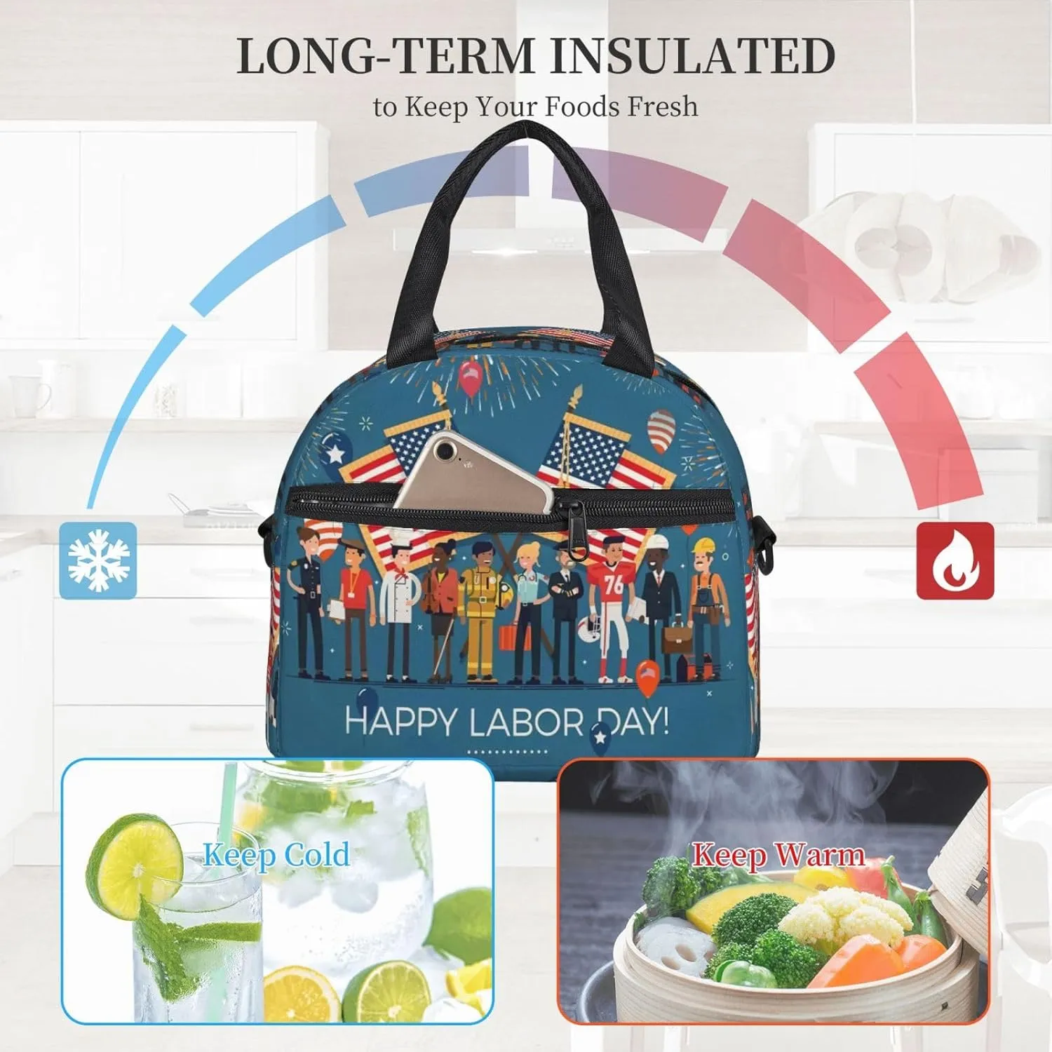 Labor Day flag Lunch Bag Hand Tote Crossbody Insulated Lunch Bag Large Portable Lunch Box