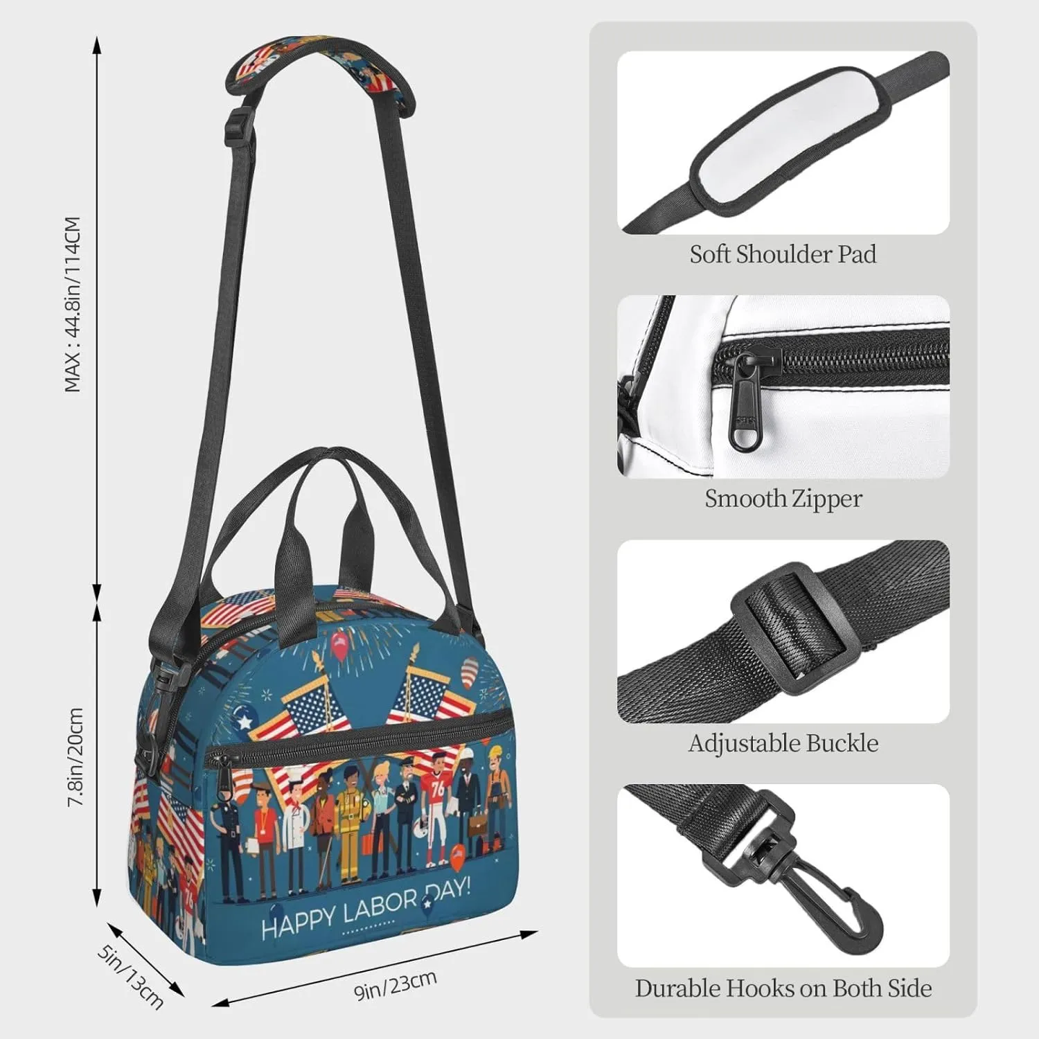 Labor Day flag Lunch Bag Hand Tote Crossbody Insulated Lunch Bag Large Portable Lunch Box