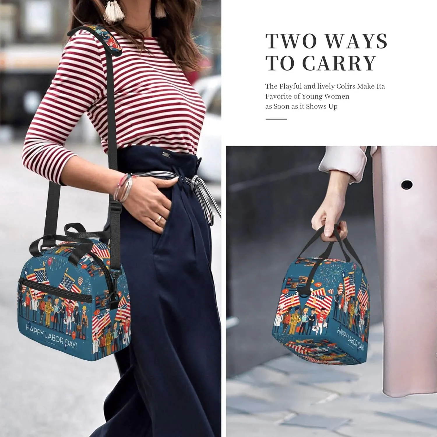 Labor Day flag Lunch Bag Hand Tote Crossbody Insulated Lunch Bag Large Portable Lunch Box