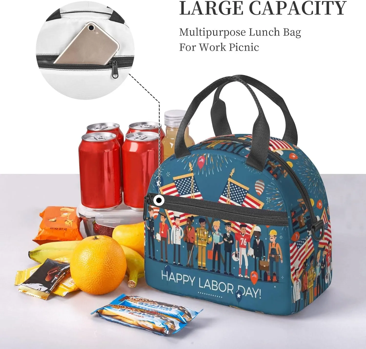 Labor Day flag Lunch Bag Hand Tote Crossbody Insulated Lunch Bag Large Portable Lunch Box
