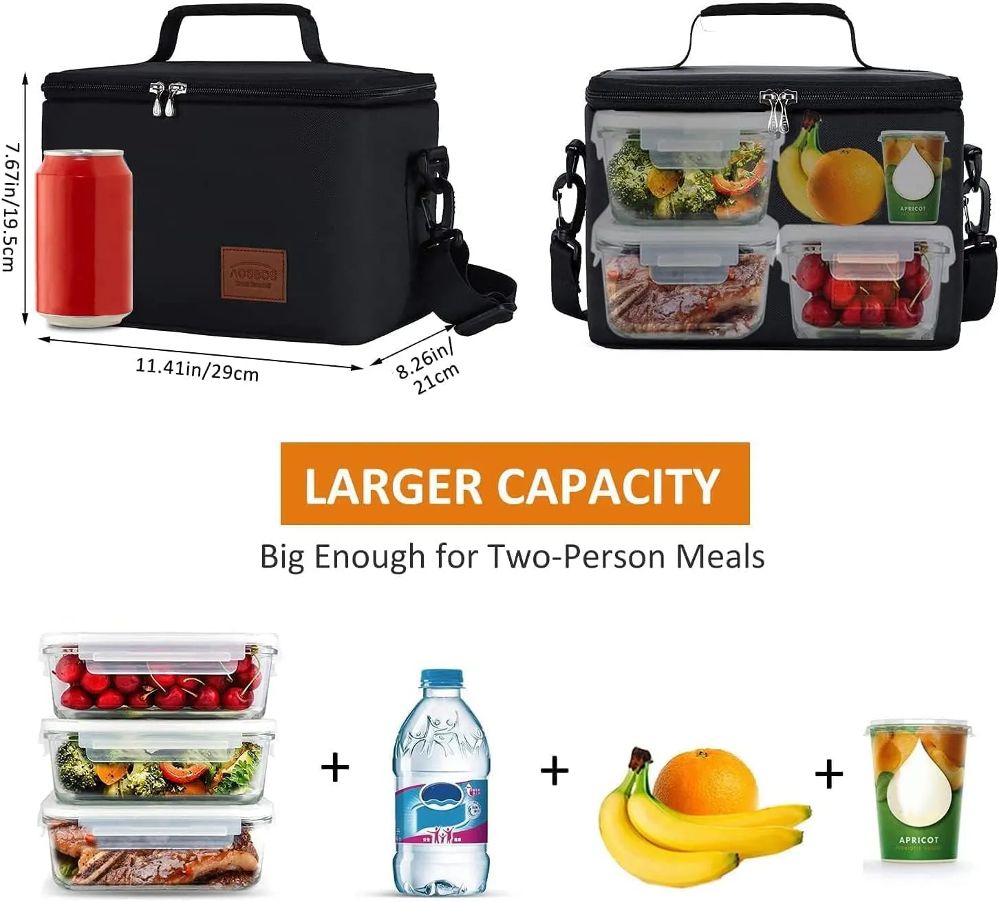 Large Lunch Bag for Men Women Insulated Lunch Box Leakproof Reusable Lunch Cooler Tote with Shoulder Strap Adult Thermal Lunch Pail Black Lunchbox for Office Work Picnic Loncheras Para Hombres