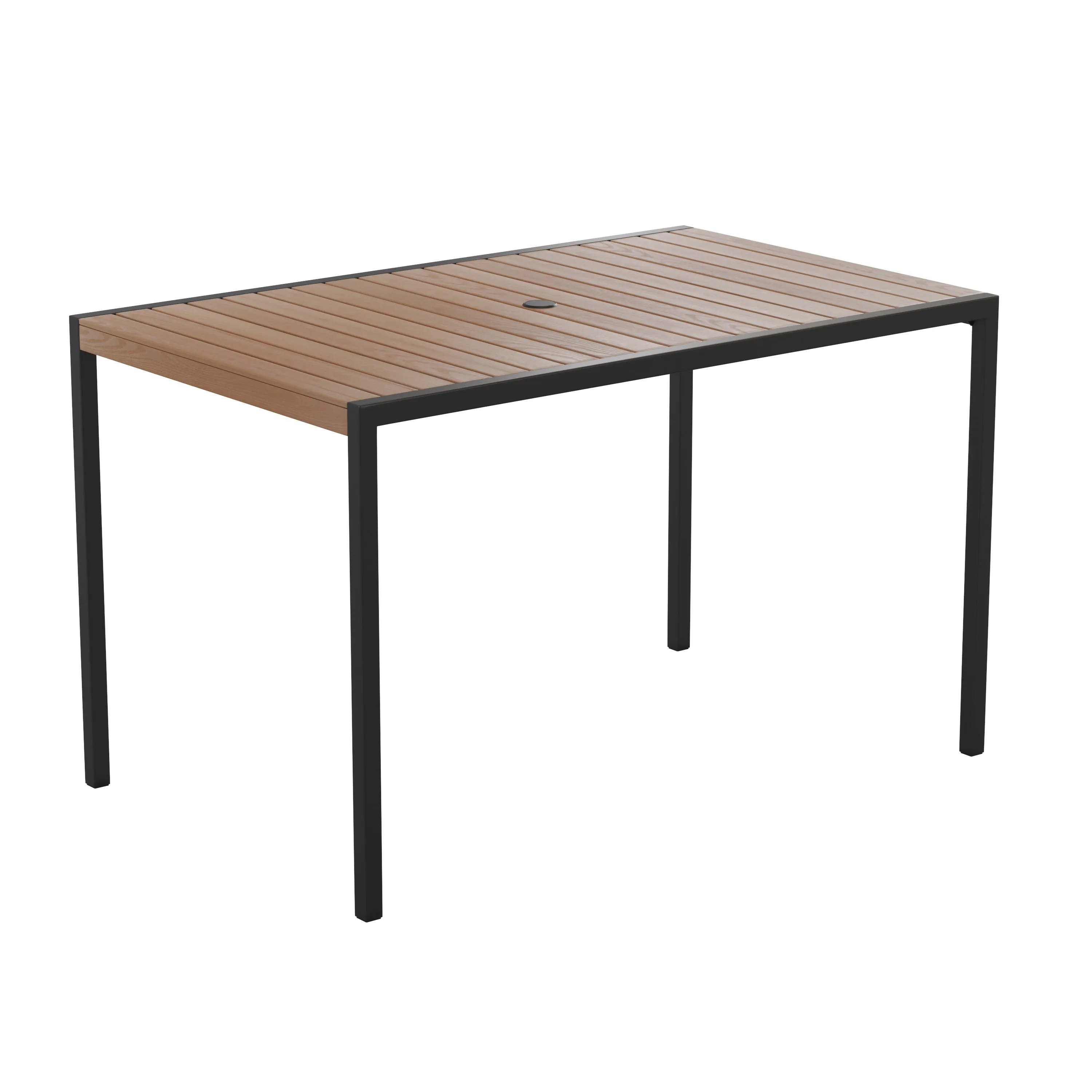 Lark 5 Piece Patio Table Set - Synthetic Teak Poly Slats - Lark 30" x 48" Steel Framed Table with 4 Stackable Faux Teak Chairs