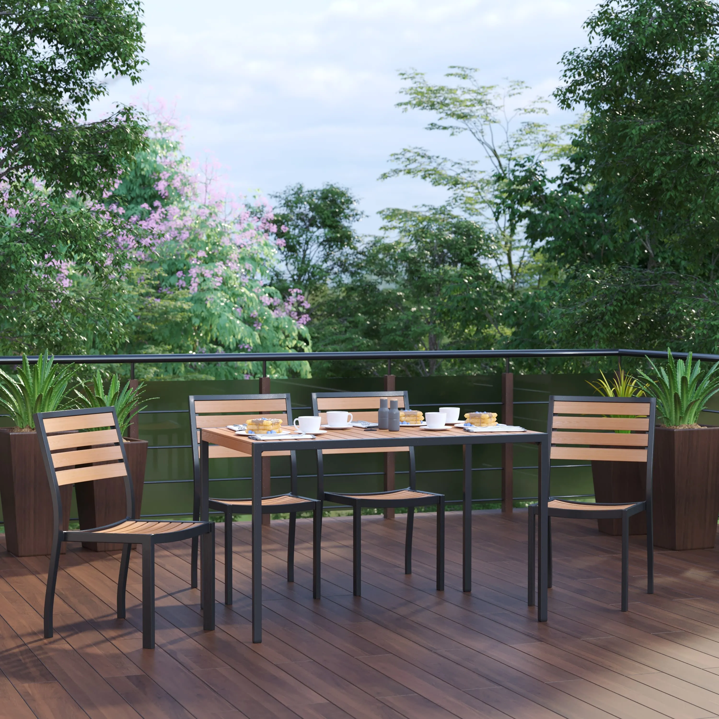 Lark 5 Piece Patio Table Set - Synthetic Teak Poly Slats - Lark 30" x 48" Steel Framed Table with 4 Stackable Faux Teak Chairs