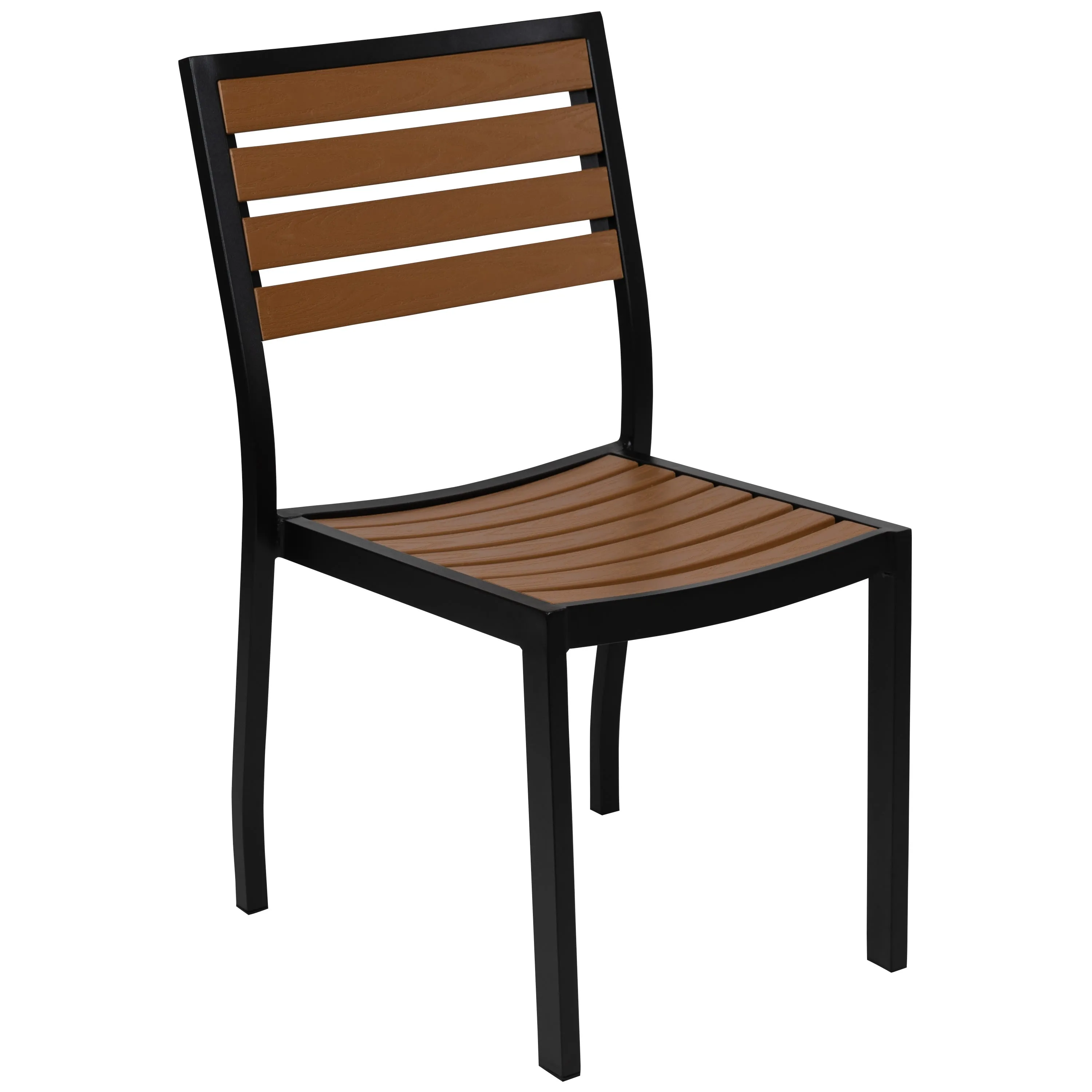 Lark 5 Piece Patio Table Set - Synthetic Teak Poly Slats - Lark 30" x 48" Steel Framed Table with 4 Stackable Faux Teak Chairs