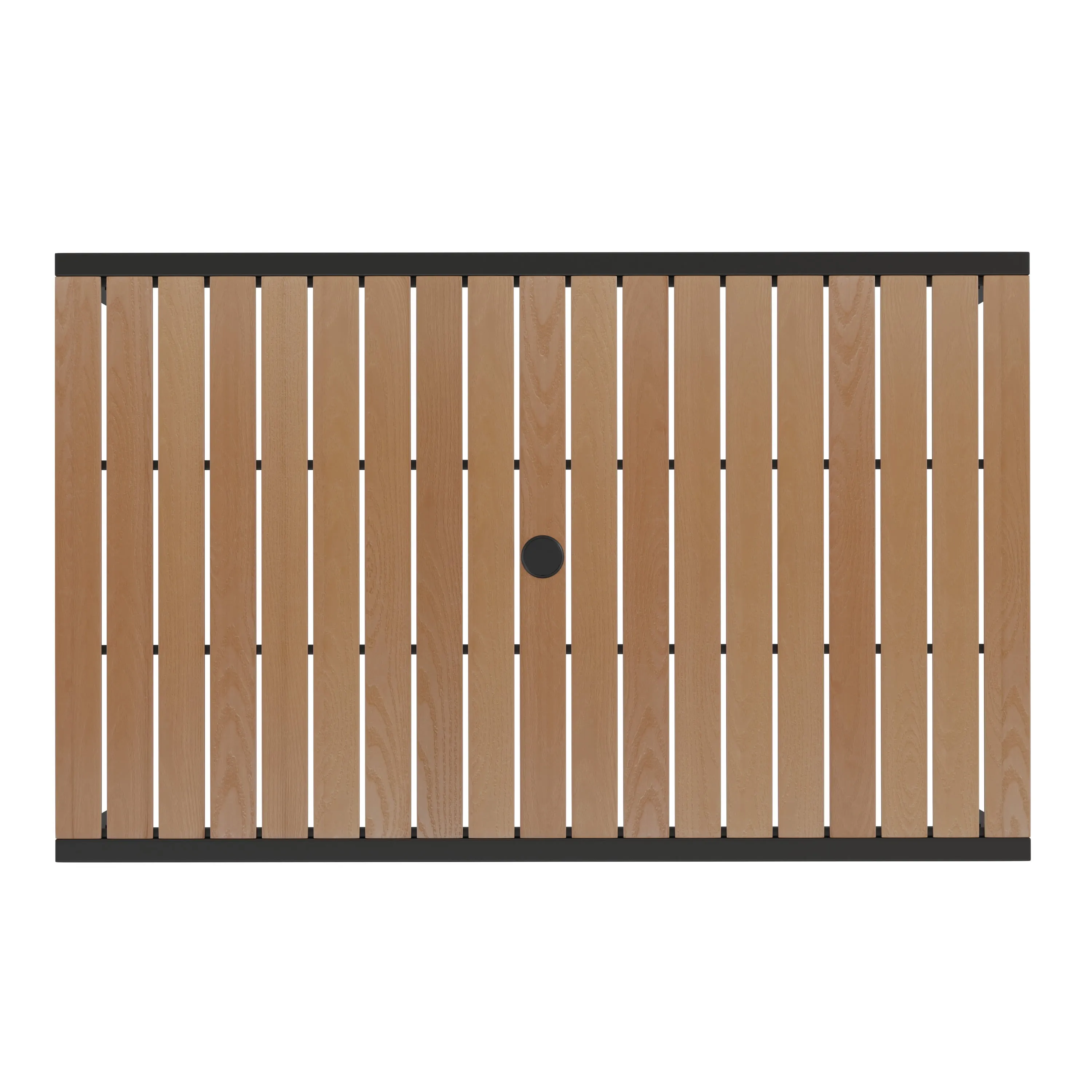 Lark 5 Piece Patio Table Set - Synthetic Teak Poly Slats - Lark 30" x 48" Steel Framed Table with 4 Stackable Faux Teak Chairs