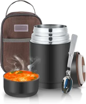lazycozy® Thermos Food Containers for Hot Food, 27 oz, Soup Thermos with Foldable Spoon, Stainless Steel Vacuum Insulated Food Jar, Leak-Proof, with Carry Bag, Keep Hot/Cold for 12 Hours