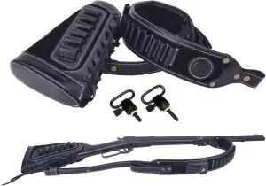 Leather Gun Shell Holder Buttstock with Matched Rifle Sling for .30-06 .30-30, .45-70 .44 mag